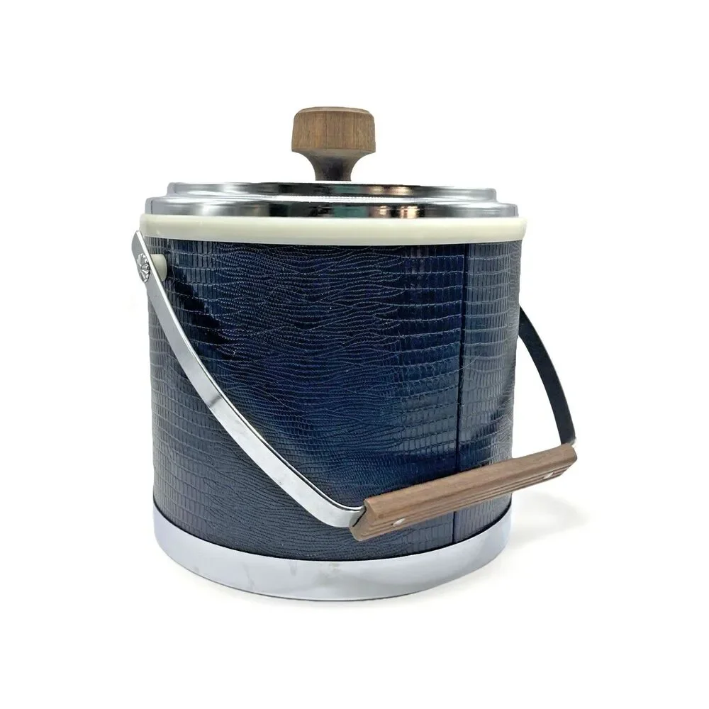 VTG Kromex Black Faux Crocodile Embossed Ice Bucket Silver Tone Handle Lid USA